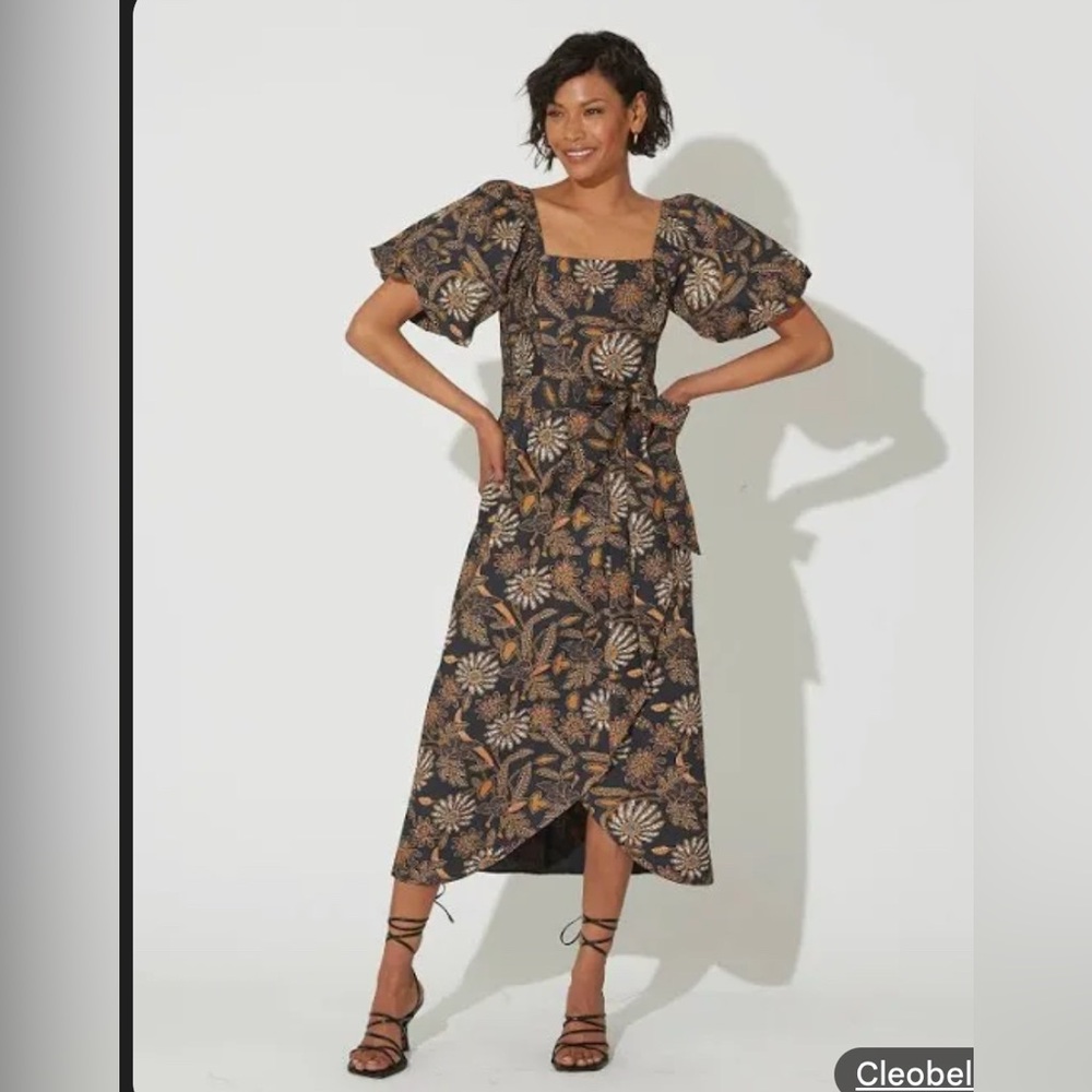 Cleobella seraphina midi dress magnolia puff sleeve tie XS